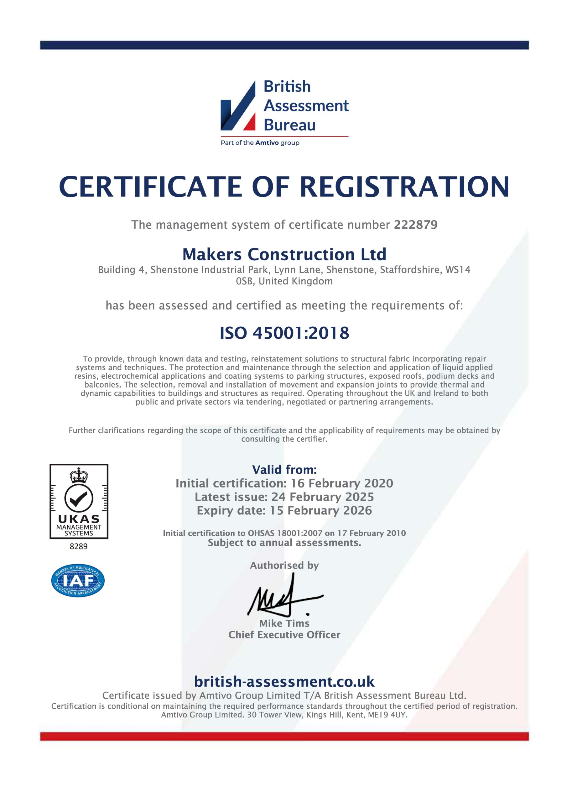 Makers Construction ISO 45001 Certificate