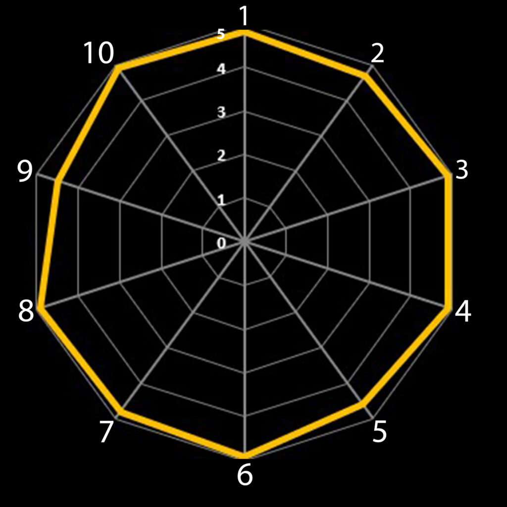 Spider chart showing the results of returned scoring from Makers Construction Customer Care critiques from customers